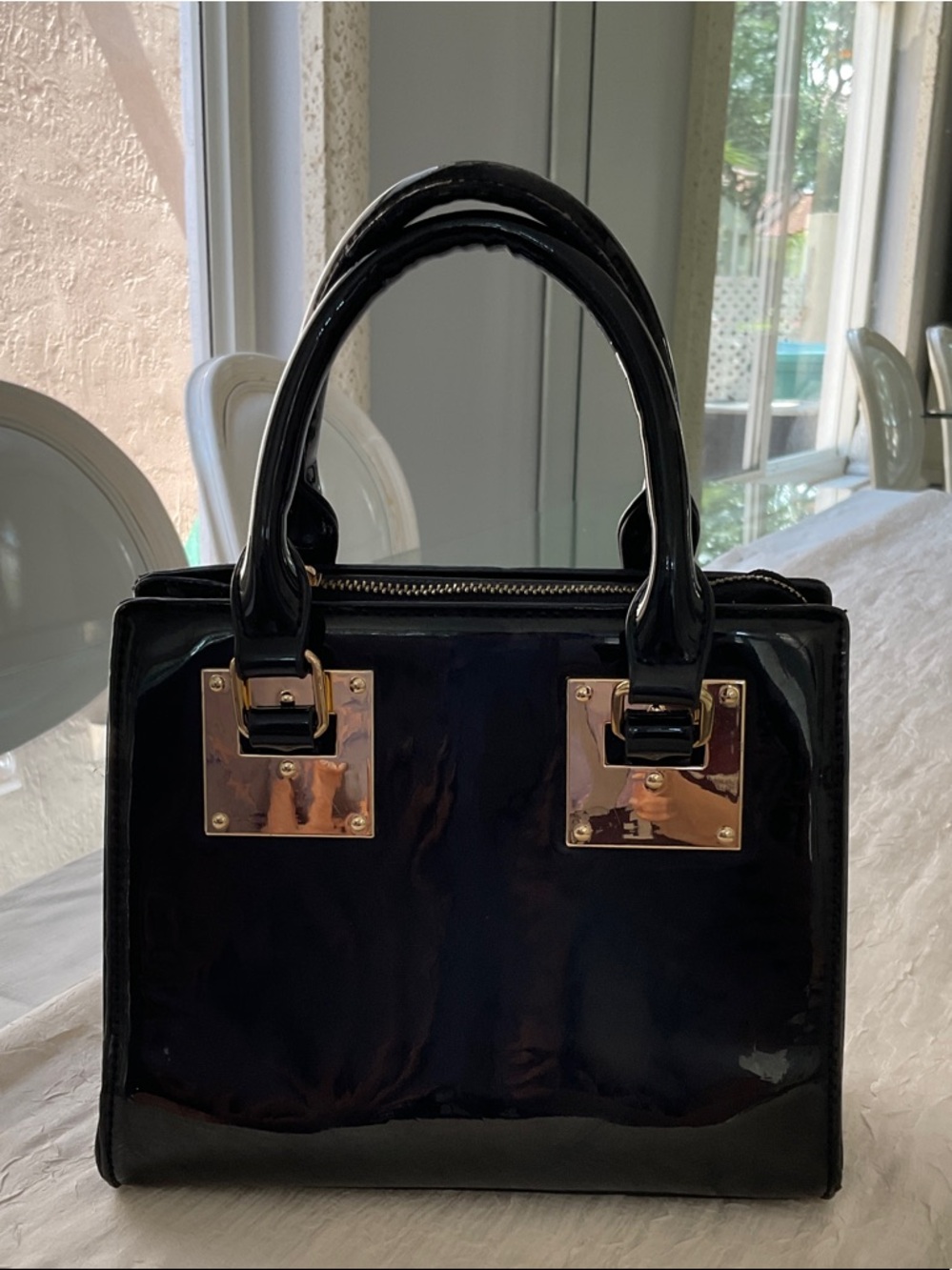 Women’s Black Patent Purse with Gold Accents
